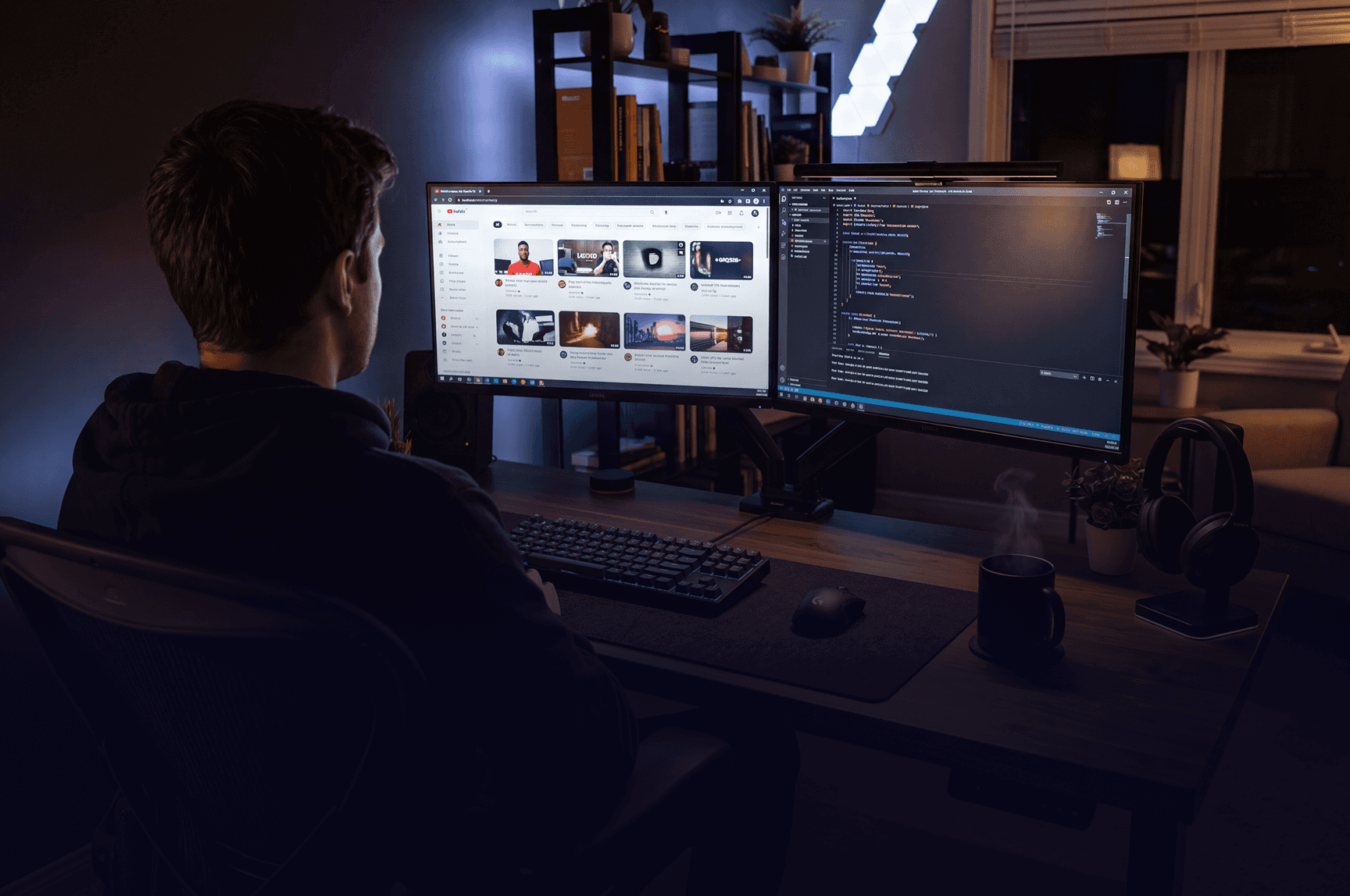 Creator working at a dual-monitor desk setup