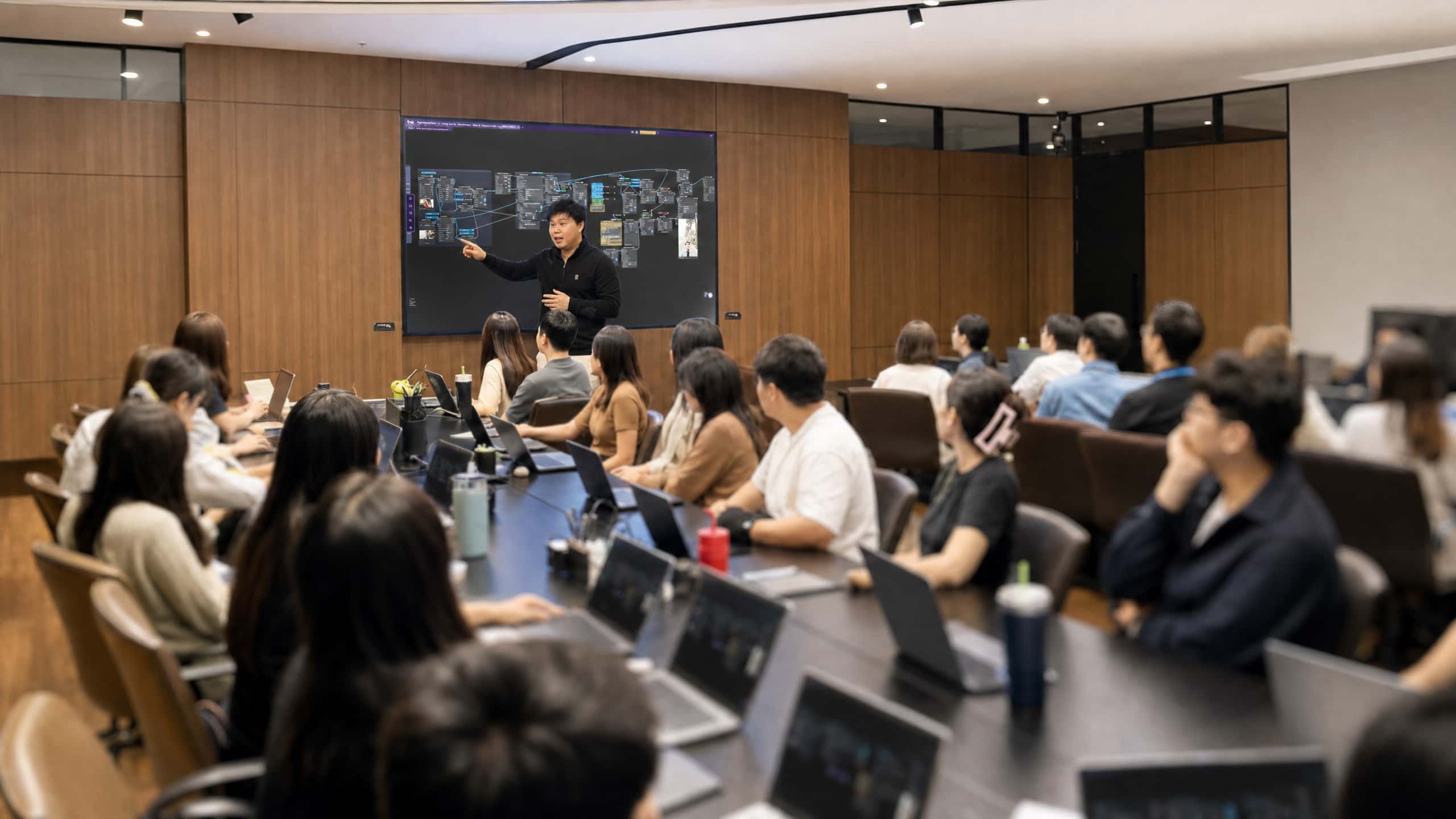 Instructor teaching ComfyUI workflows to a classroom